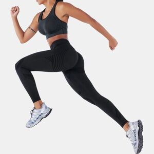 Black and Silver High-Waisted Leggings with Seam Details